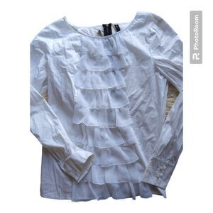 Mac & Jac White Ruffle Front Blouse Women's M Lightweight Professional Sheer